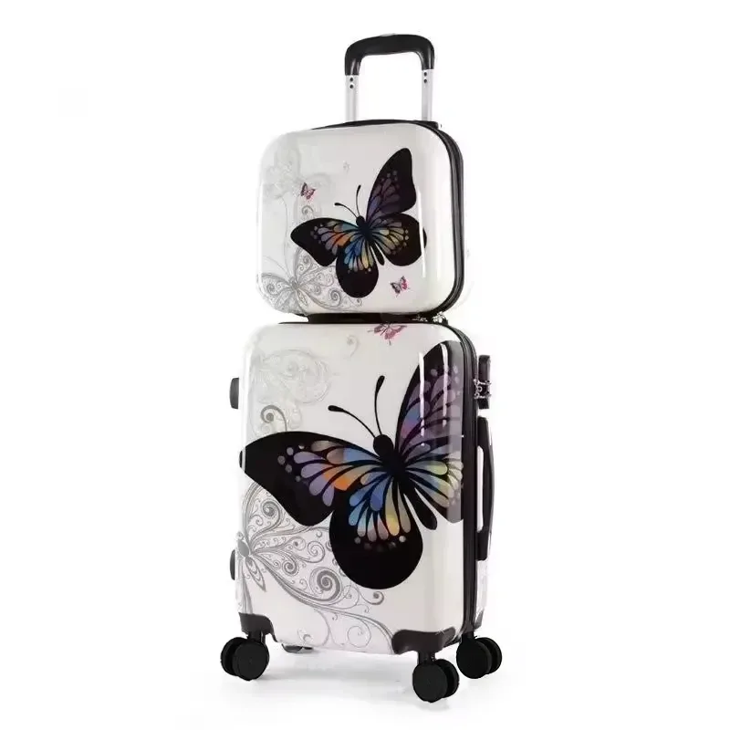 valise à roulettes silencieuse pour femmes, valise légère à roulettes, valise à motif papillon pour dames, serrure tsa avec boîte de maquillage