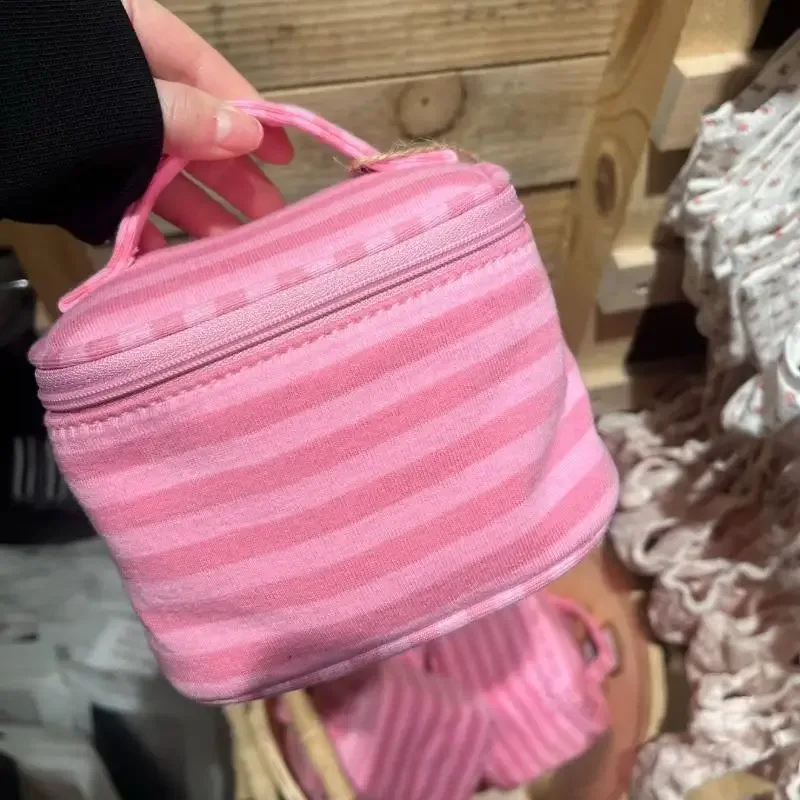 trousse de maquillage rose rayée avec miroir et fermeture éclair, sac de voyage portable pour femmes, organisateur cosmétique mignon et adorable, pochette de toilette