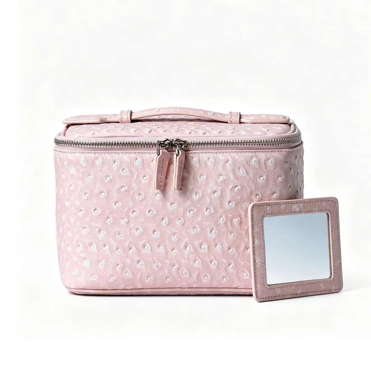 nouvelle trousse de maquillage de voyage portable en cuir véritable motif autruche rose flocon de neige, grande capacité, en cuir de vachette, luxe