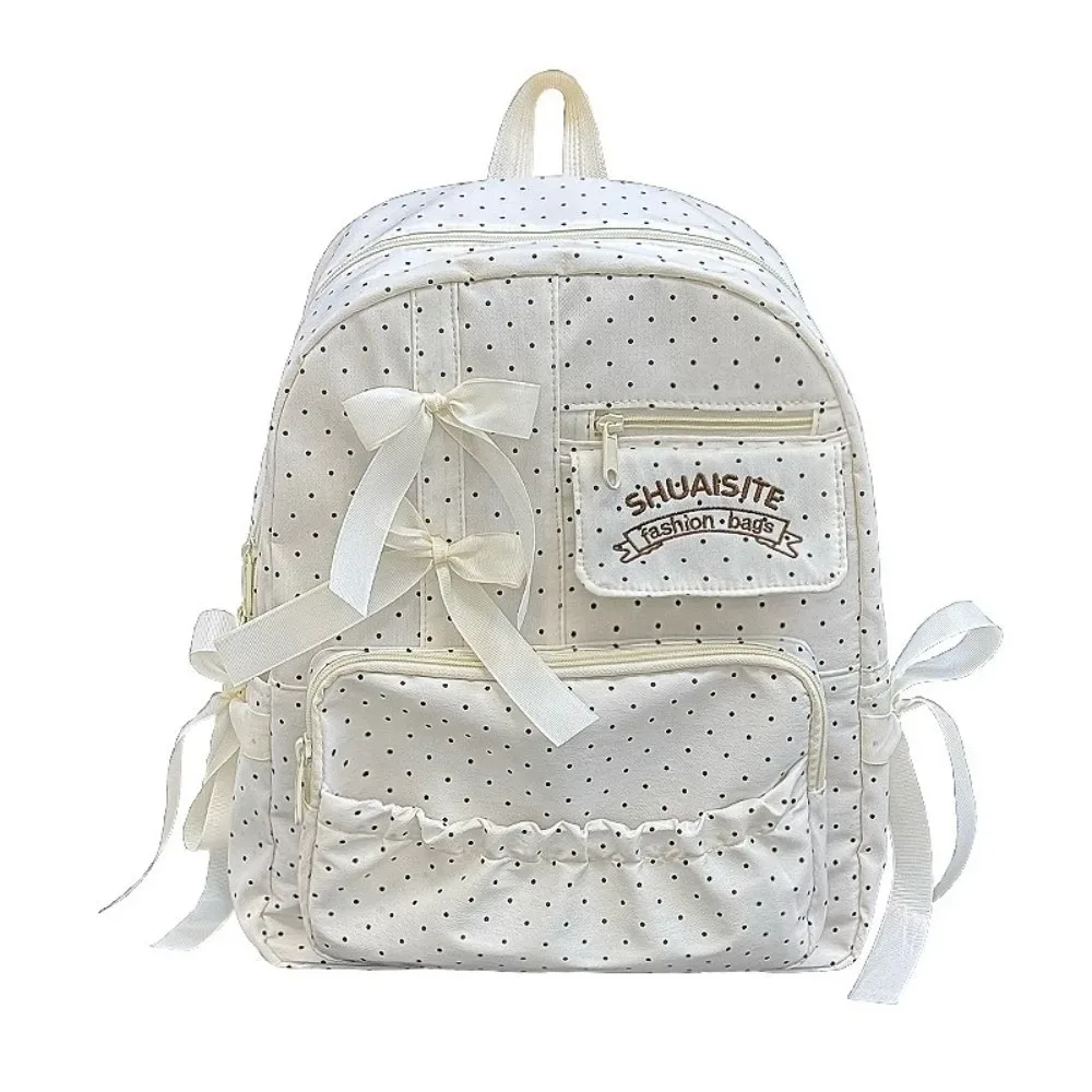 sac à dos en nylon à pois avec nœud, grande capacité, fermeture éclair, sac d'école multi-compartiments, doublure en polyester, sac à dos de voyage pour l'extérieur