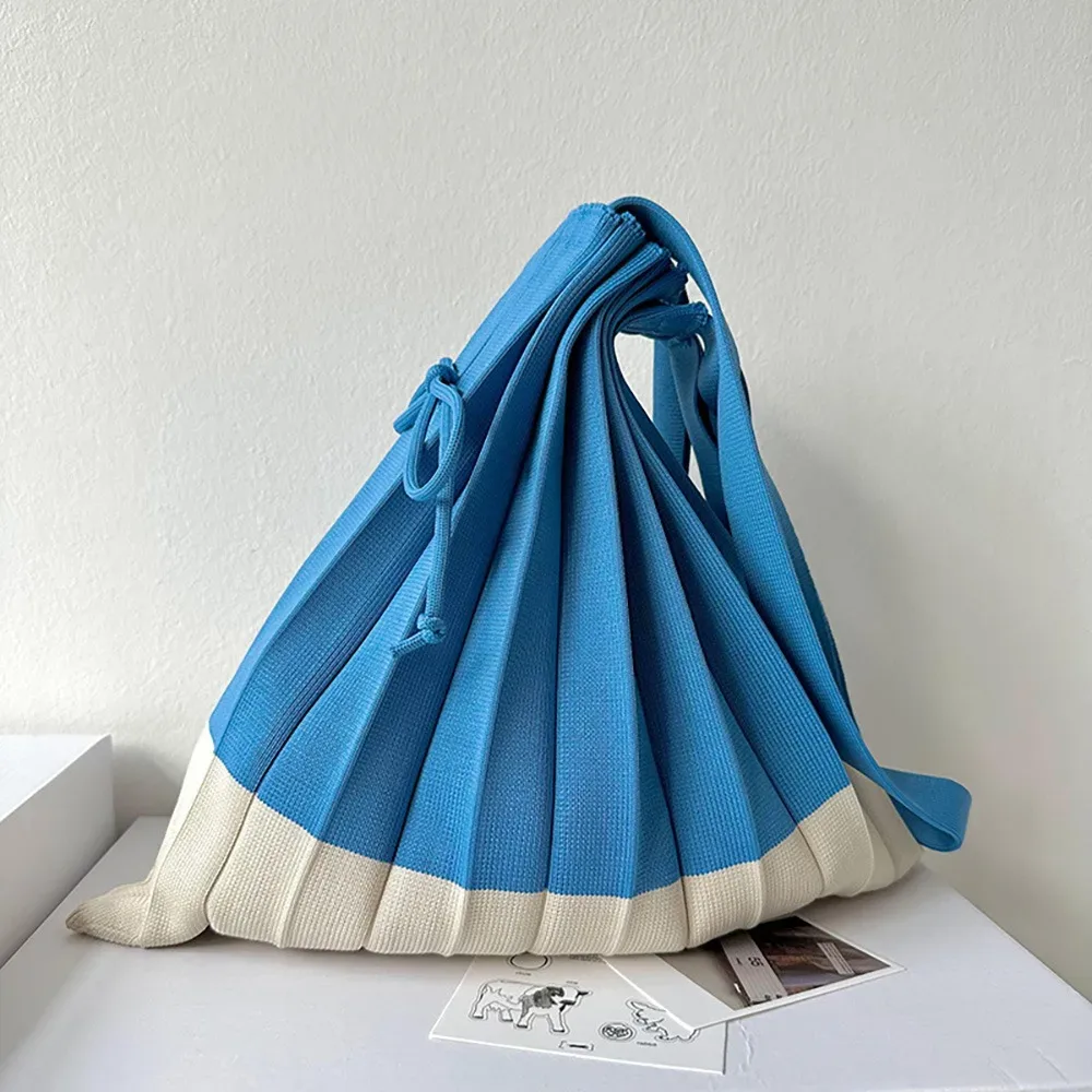 sac à main pliable en tricot, sac de courses grande capacité, sac écologique pliable, pochette à bandoulière, sac plissé de couleur contrastée, sac de voyage