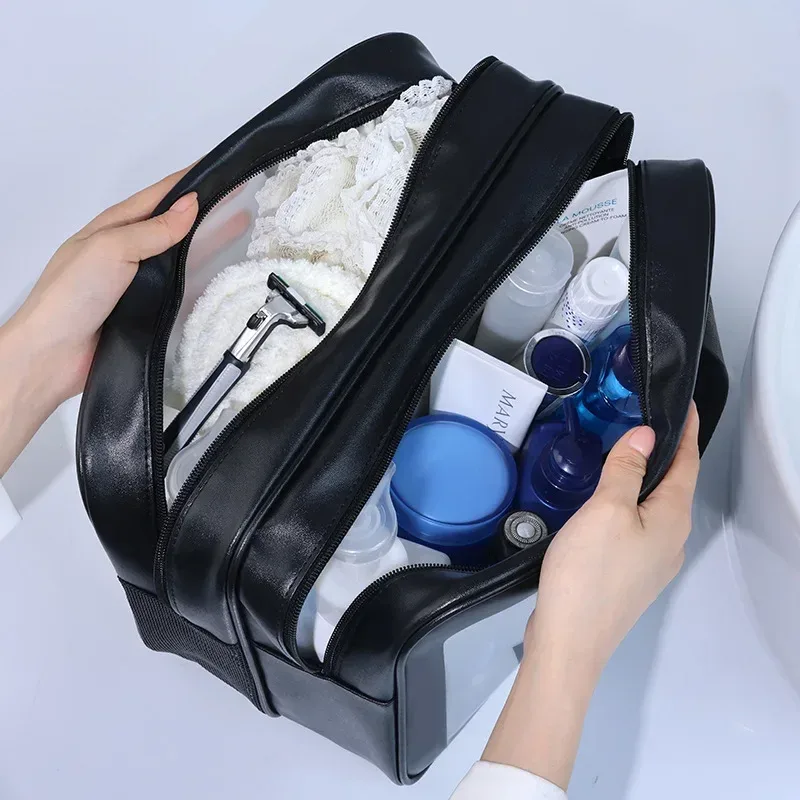 sac de maquillage double transparent en pu avec séparation sec-humide, sac de lavage portable, sac de rangement pour cosmétiques, essentiels de voyage, fitness et natation.