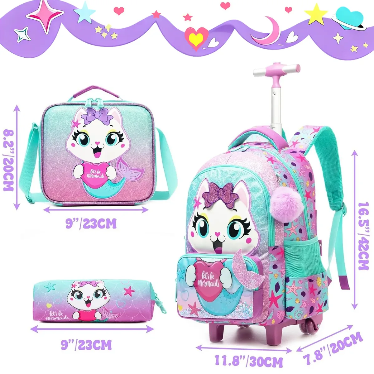 sac à dos roulant pour filles, valise de voyage pour enfants avec roulettes, bagage à main avec animaux mignons pour élèves du primaire, sac à roulettes pour enfants