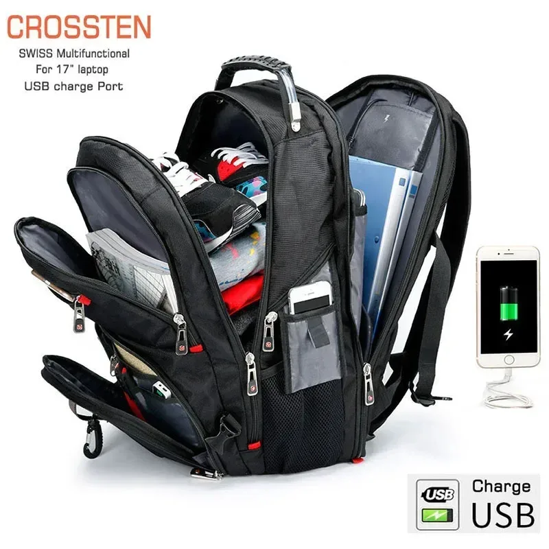 sac à dos pour ordinateur portable suisse durable de 17 pouces, sac de voyage multifonctionnel résistant à l'eau avec port de charge usb, sac à dos pour étudiants