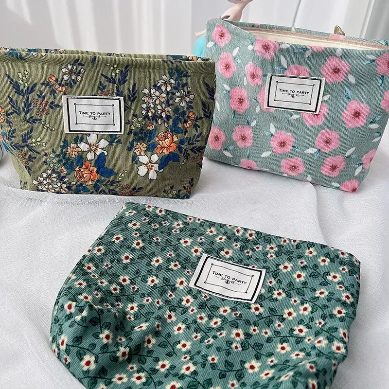 sac à cosmétiques brodé en velours côtelé, pochette, grands sacs de rangement de maquillage, pochette à cosmétiques coréenne pour femmes, trousse de toilette mignonne et de beauté