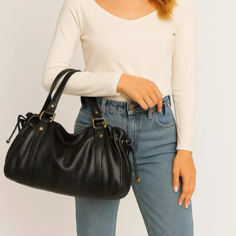 sac fourre-tout vintage en cuir souple plissé avec cordon de serrage, grand sac à bandoulière simple pour femme, sac de travail boston