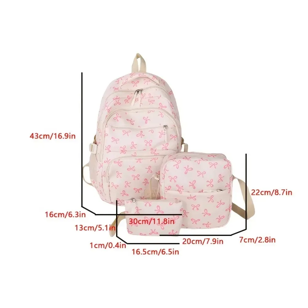 3 pièces/ensemble mignon grande capacité arc sac à dos nœud imprimé nylon sac d'école sangle réglable voyage sac à dos