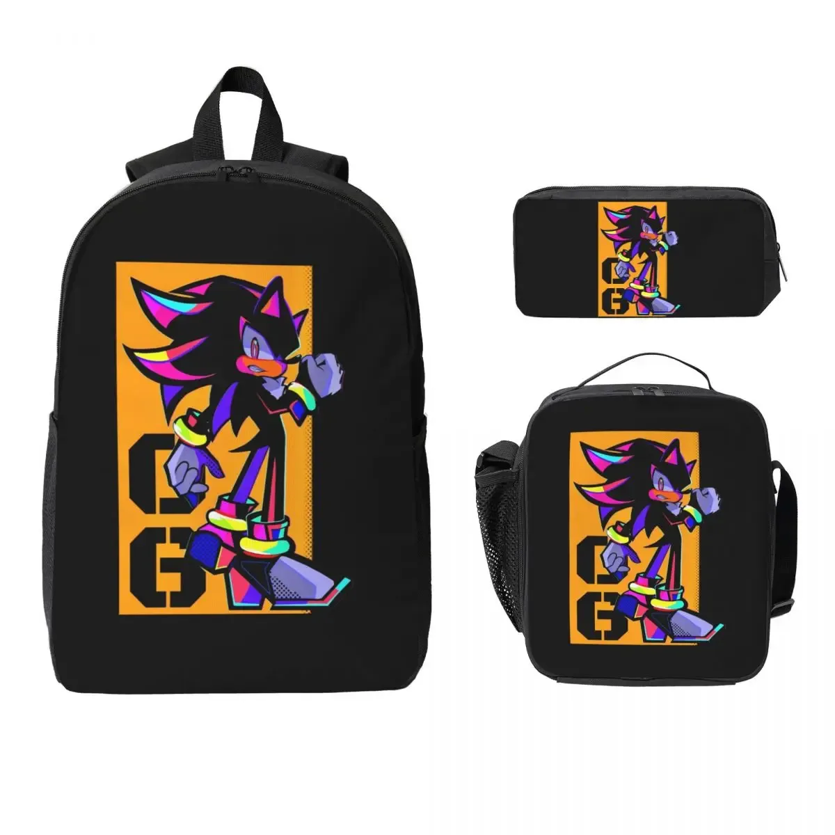 sac à dos shadow the hedgehog pour garçons et filles, sac d'école, sacs à bandoulière pour ordinateur, sac à déjeuner isotherme 3ps, trousse à crayons