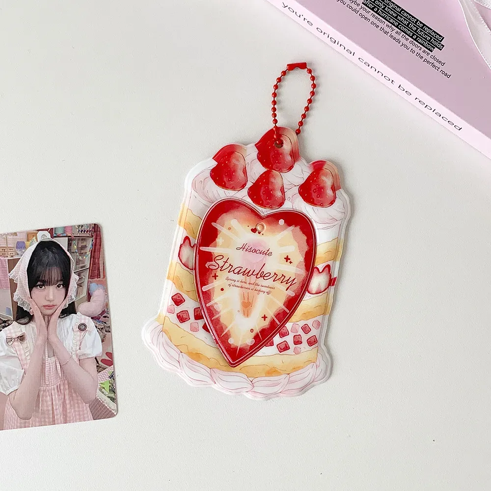 porte-cartes kpop 3 pouces, motif gâteau fraise mignon, protège-cartes cœur, pendentif sac portable, décor sac à dos, porte-clés, étui pour cartes