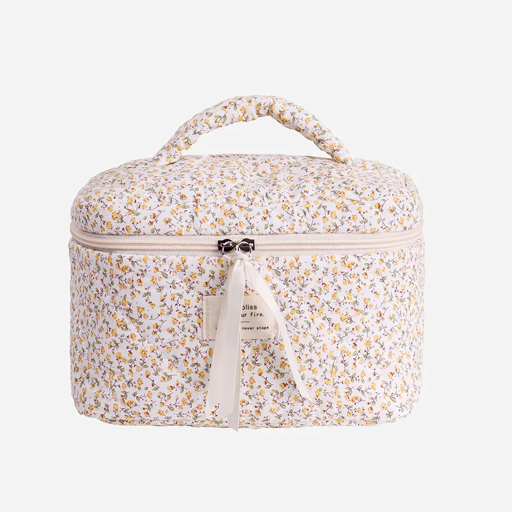 sac de rangement de cosmétiques matelassé imprimé floral pour femmes, organisateur de voyage, pochette de maquillage, fourre-tout carré pour dames, sac à main à fermeture éclair