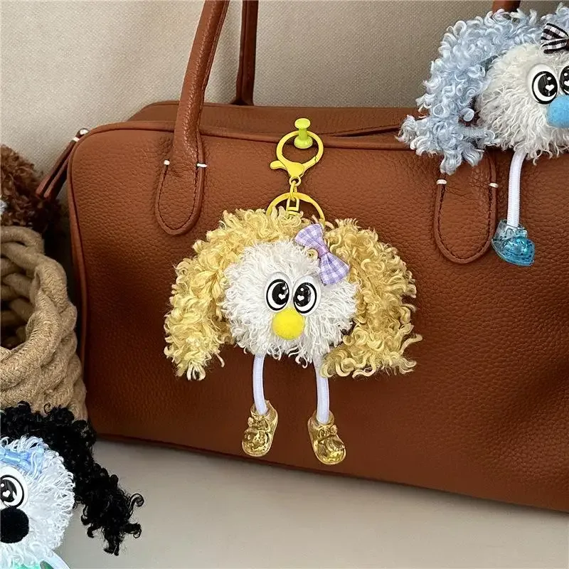 porte-clés poupée en peluche à cheveux bouclés et moelleux avec joli nœud, idéal comme pendentif de sac à dos, cadeau pour adolescentes