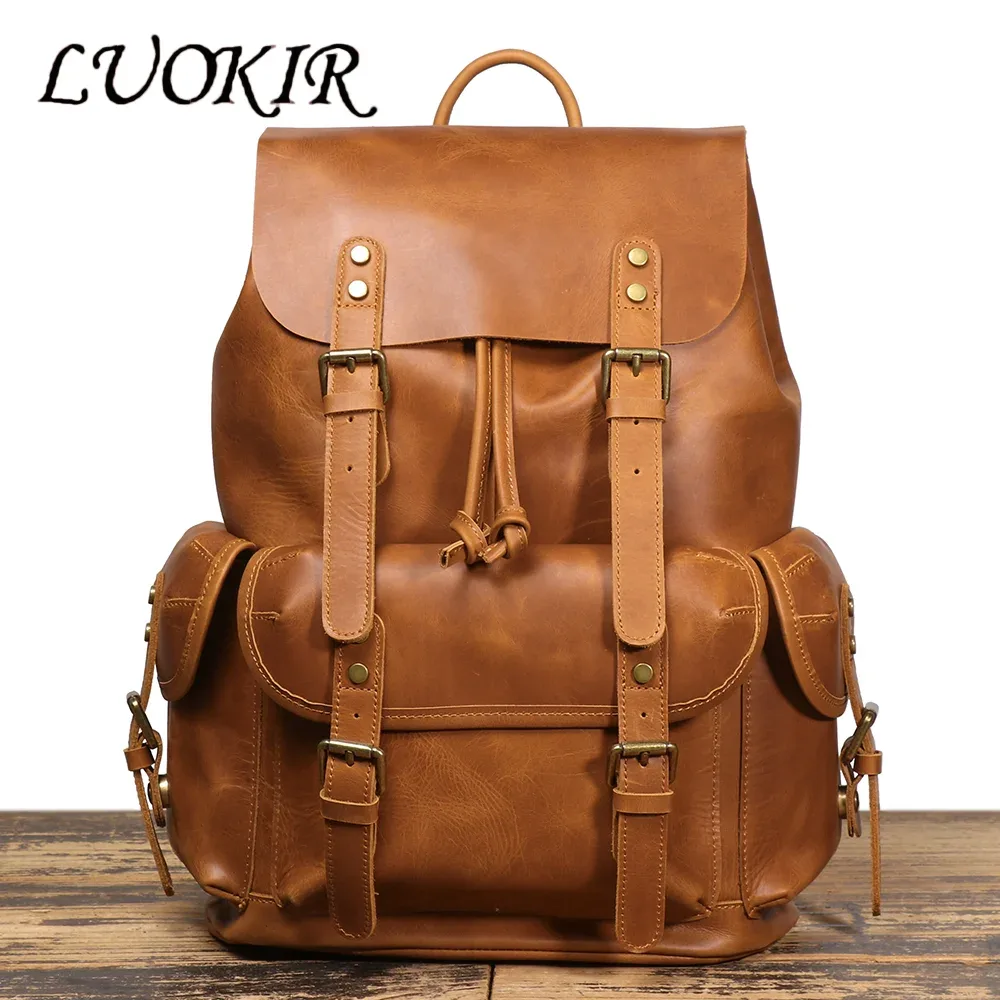 luokir vintage en cuir véritable unisexe couche supérieure en peau de vache sac à dos grande capacité ordinateur portable voyage sac à dos parachutiste sac