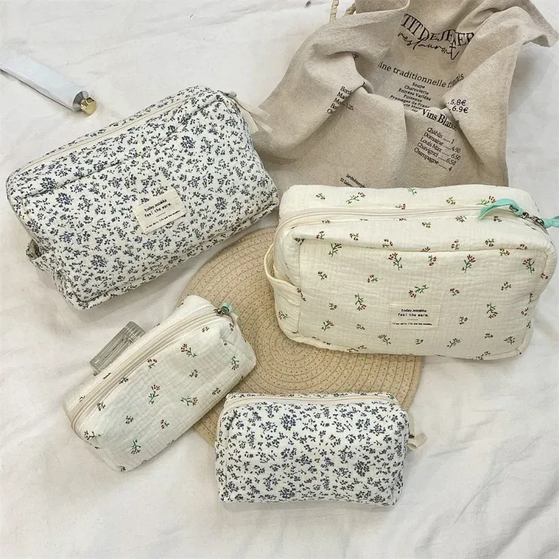 sacs de rangement de rouge à lèvres de grande capacité bleu fleur, trousse de maquillage de banlieue, trousse de toilette de voyage, trousse à cosmétiques pratique pour femmes