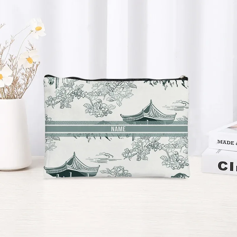 pochette de toilette en toile personnalisée avec motif paysage chinoiserie, cadeau décoratif élégant pour femmes, rangement quotidien des articles de beauté pour les vacances et les activités de plein air.