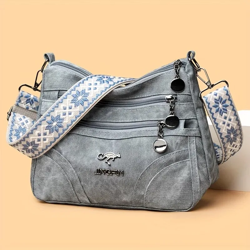 sac à bandoulière vintage gris en toile pour femme, sac messager multi-poches avec sangle à motifs, sac hobo décontracté pour le quotidien