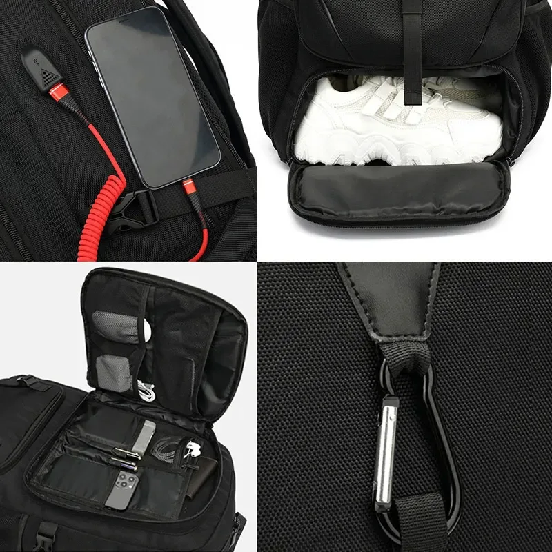 sac dos nylon unisexe noir compartiment chaussures bandoulière arquée fermeture éclair compression appliques polyester grande capacité voyage affaires