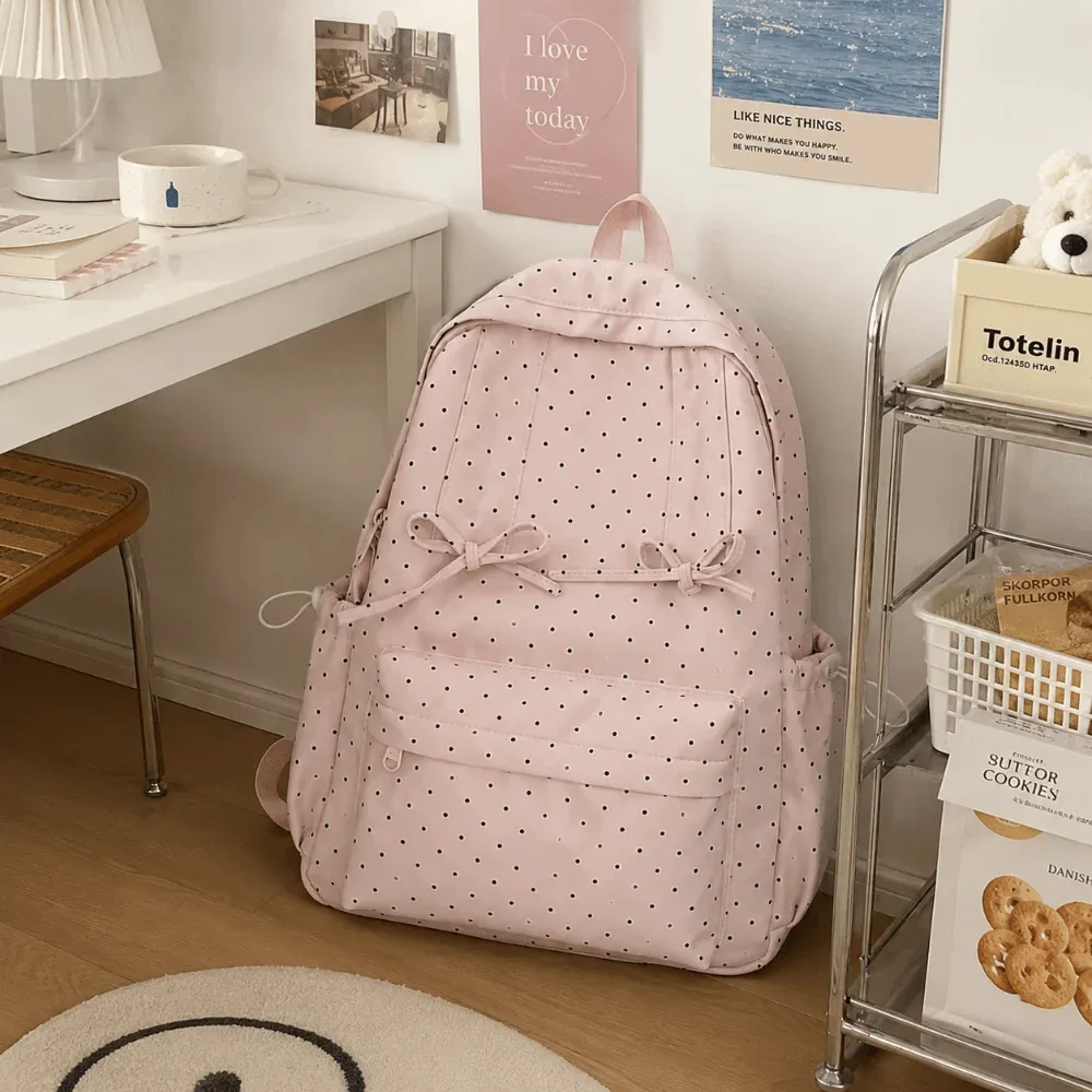 sac à dos à pois élégant grande capacité léger et minimaliste avec nœud, durable, pour étudiants et usage extérieur