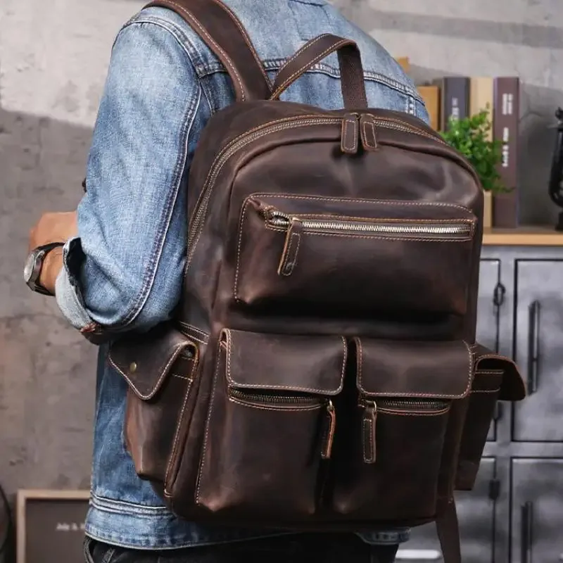 sac à dos pndme vintage fait main en cuir de vache crazy horse pour hommes et femmes, sac de voyage en cuir véritable de grande capacité pour l'école.