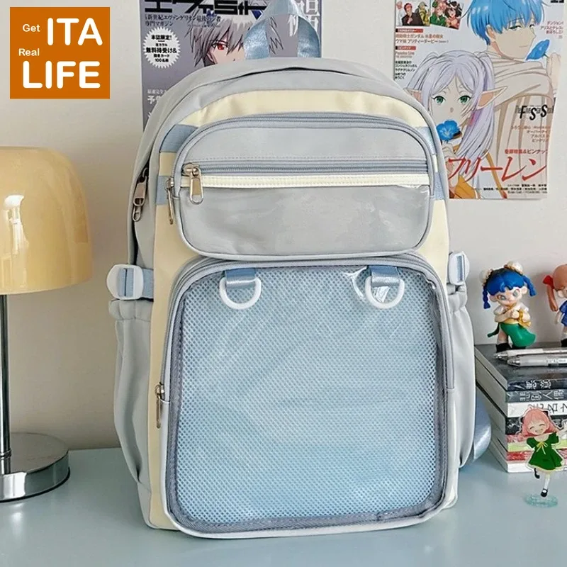 sac à dos ita rose italife big anime avec plaque d'insertion, grand sac itabag jaune kawaii pour femmes, double poche transparente pour affichage de pins h260