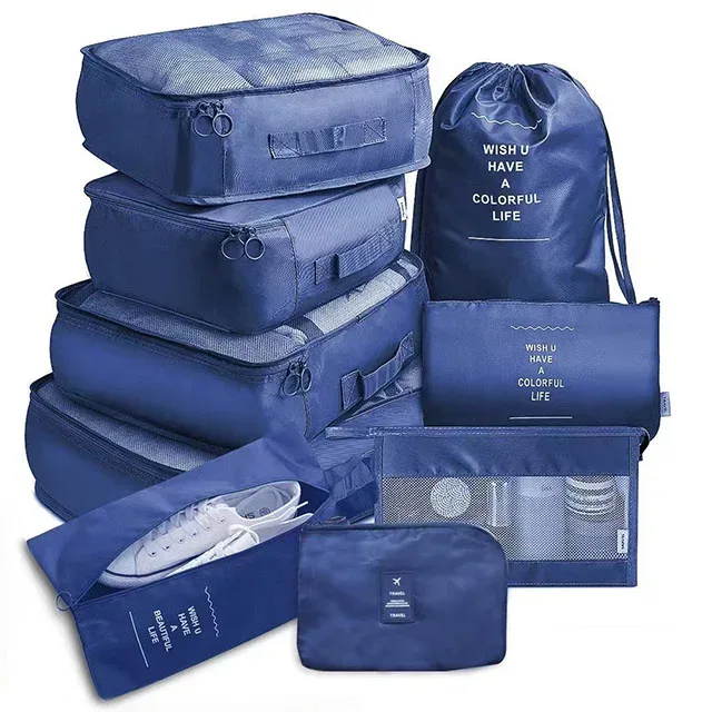 organisateur voyage polyester beige clair tissu imperméable poches maille transparente fermetures glissière poignées intégrées grande taille