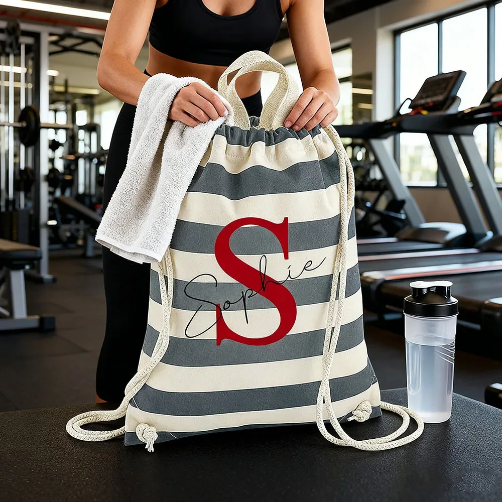 sac à dos à cordon de serrage rayé personnalisable, en toile de coton, avec texte personnalisé, sac pliable et portable pour voyage et école