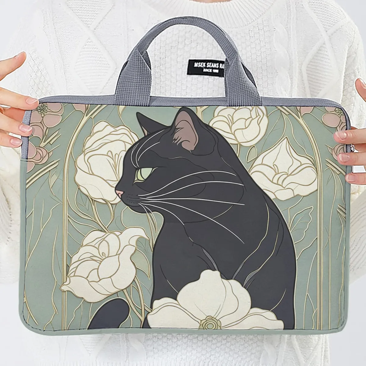 housse ordinateur portable impression chat noir fleurs polyester protection voyage travailler transport document travail