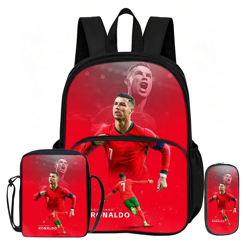 ensemble de 3 sacs à dos avec poche avant ronaldo learn, sacs à bandoulière pour voyage et fans de football, trousse à crayons, sacs d'école et de sport