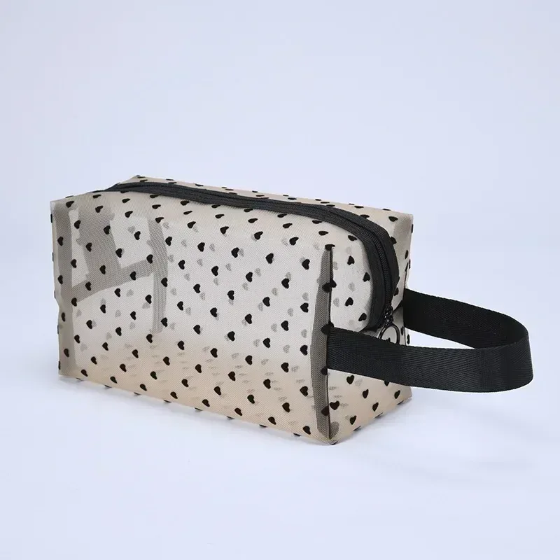 sac à cosmétiques en maille de nylon, organisateur de toilette en forme de cœur à fermeture éclair, sacs de maquillage multifonctionnels pour femmes, rouge à lèvres, clé, porte-monnaie