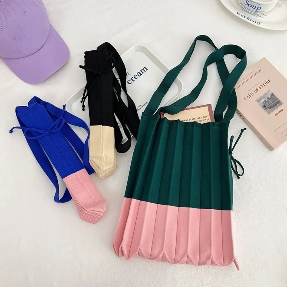 sac à main pliable en tricot, sac de courses grande capacité, sac écologique pliable, pochette à bandoulière, sac plissé de couleur contrastée, sac de voyage