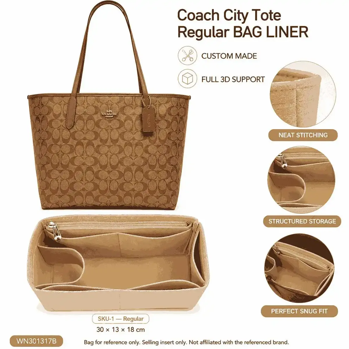 organisateur de sac à main en feutre, doublure structurée pour un rangement quotidien, compatible avec les sacs coach city tote de tailles régulière, moyenne et petite.