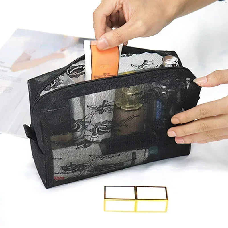 sacs à cosmétiques transparents en maille, 1 pièce, petit grand sac de maquillage noir, fleur en dentelle, étui de rangement de toilette de voyage, pochette de rangement de rouge à lèvres