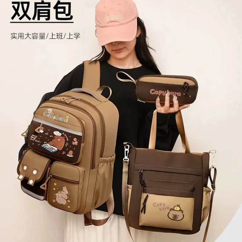 sac dos nylon dessin animés marron clair grand format cadre interne poche latérale ultra léger informatique souple limon jacquard bandoulière arquée préppy école voyage