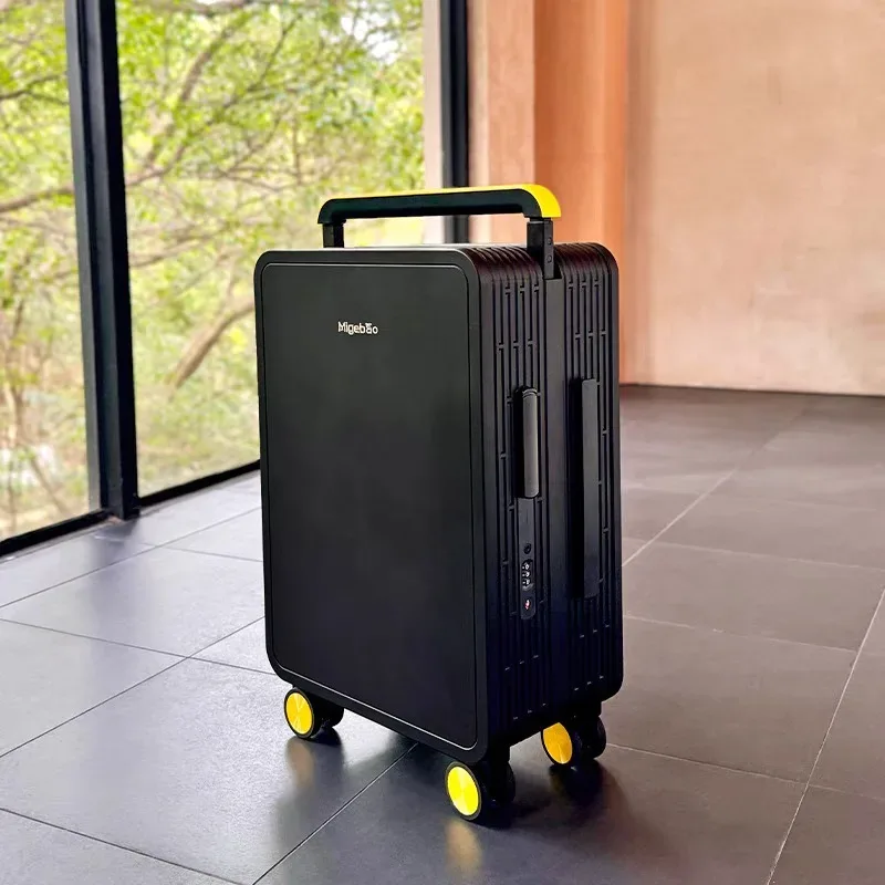valise pc jaune noir gris système tsa serrure poignée large roues toupie compacts voyage organisés segurança modernes linhas verticale façade contraste efficace intérieur compartiments