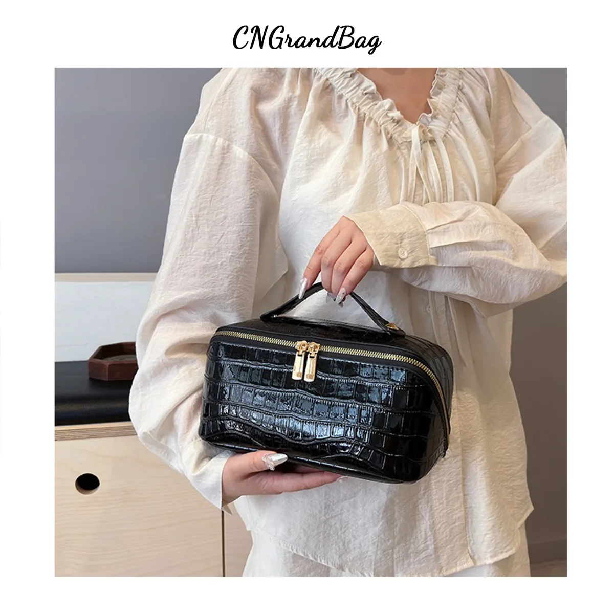 trousse de toilette de voyage haut de gamme à motif crocodile grande capacité personnalisable pour un voyage pratique