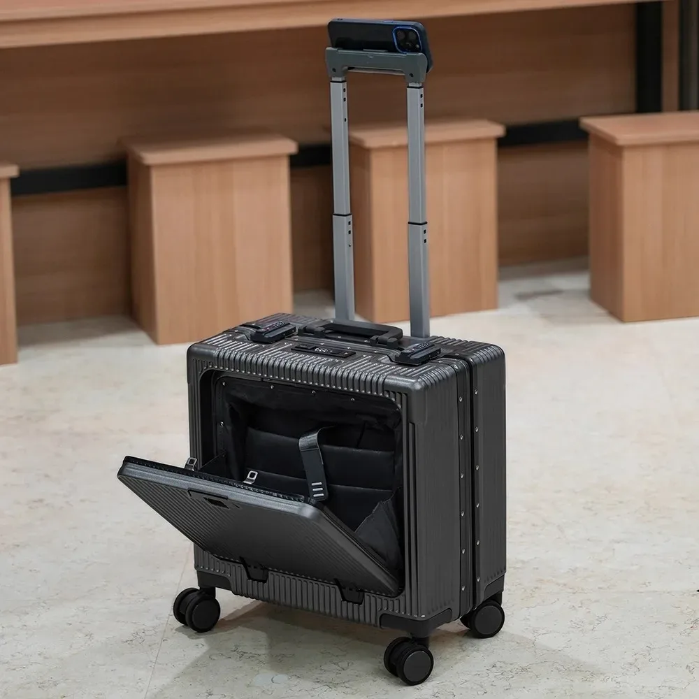 valise de poche à ouverture avant, cadre en alliage d'aluminium, bagages roulants de 18 pouces, sacs de chariot de voyage à main avec roue rotative