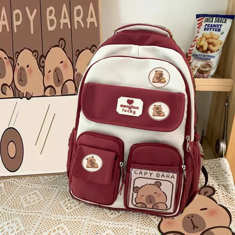 sac dos nylon beige accents marron blanc motifs ours poches multiples étudiant voyage décontracté