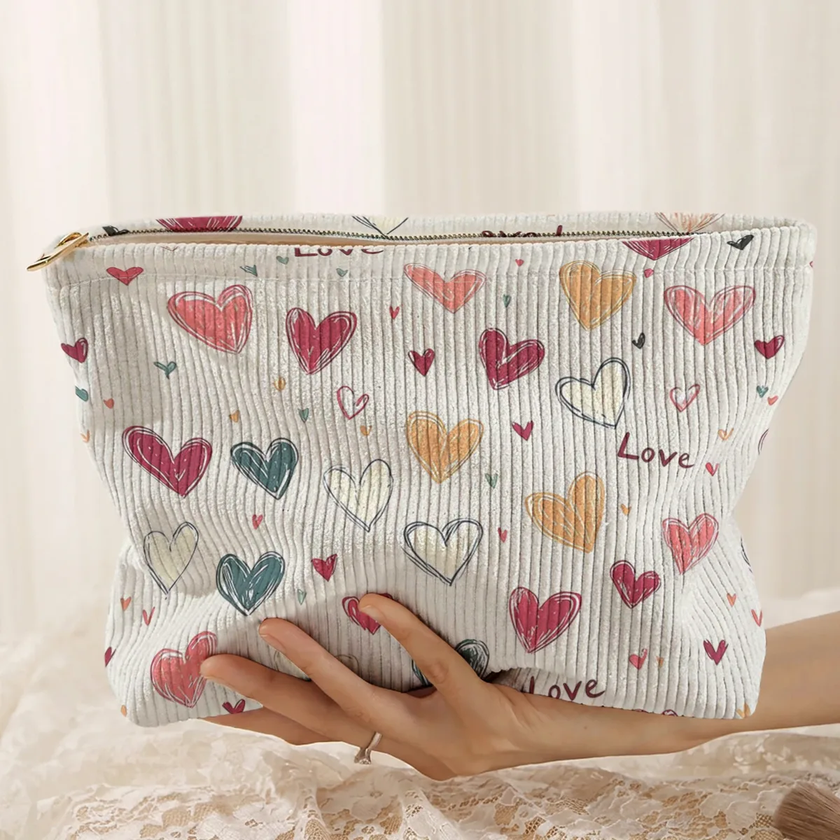 1 pièce, sac de rangement portable pour cosmétiques avec motif de cœur coloré, imprimé double face, sac de maquillage de voyage à fermeture éclair