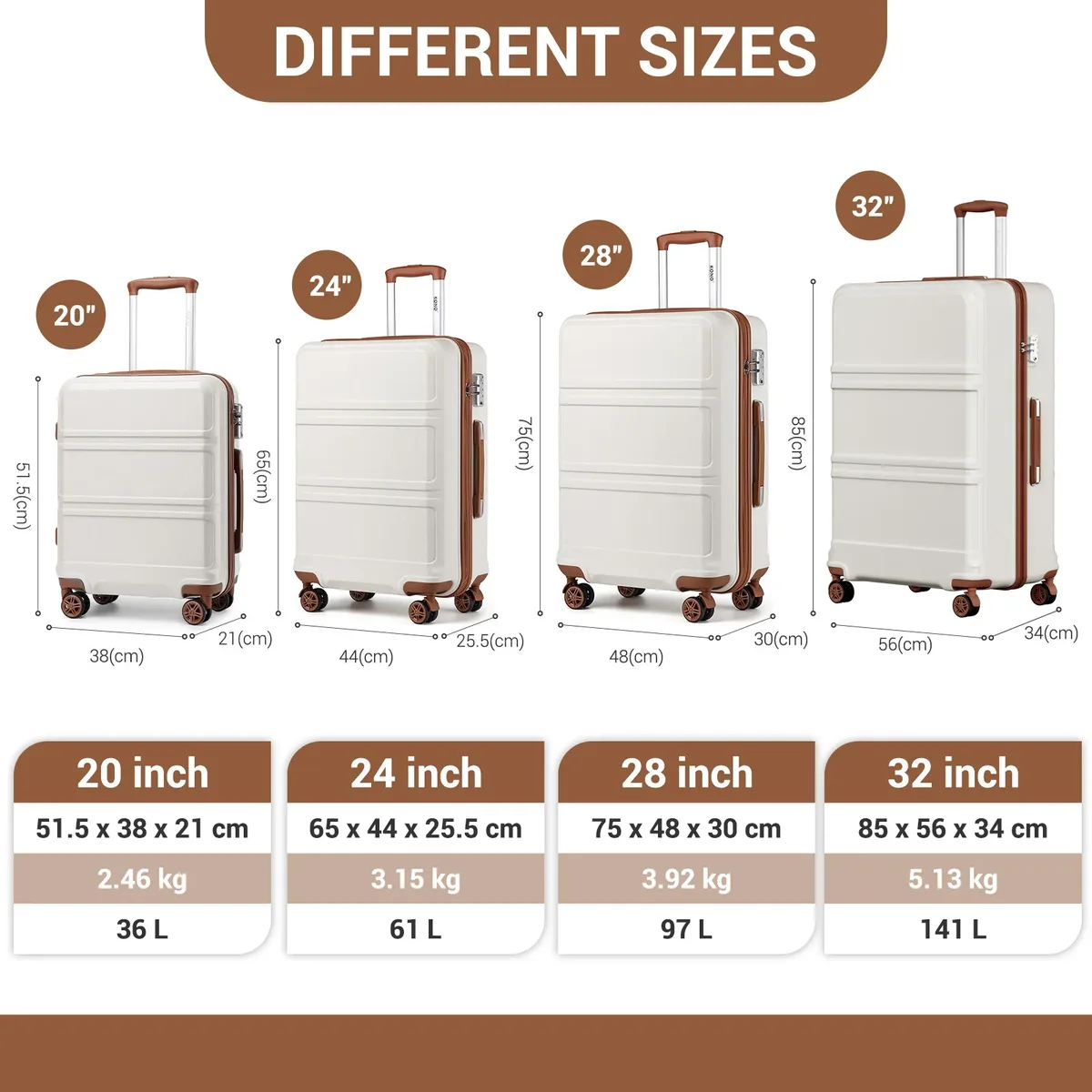 étui rigide kono de 32 pouces, chariots légers abs + pc avec double roues, serrure tsa, valise (s/m/l/xl)