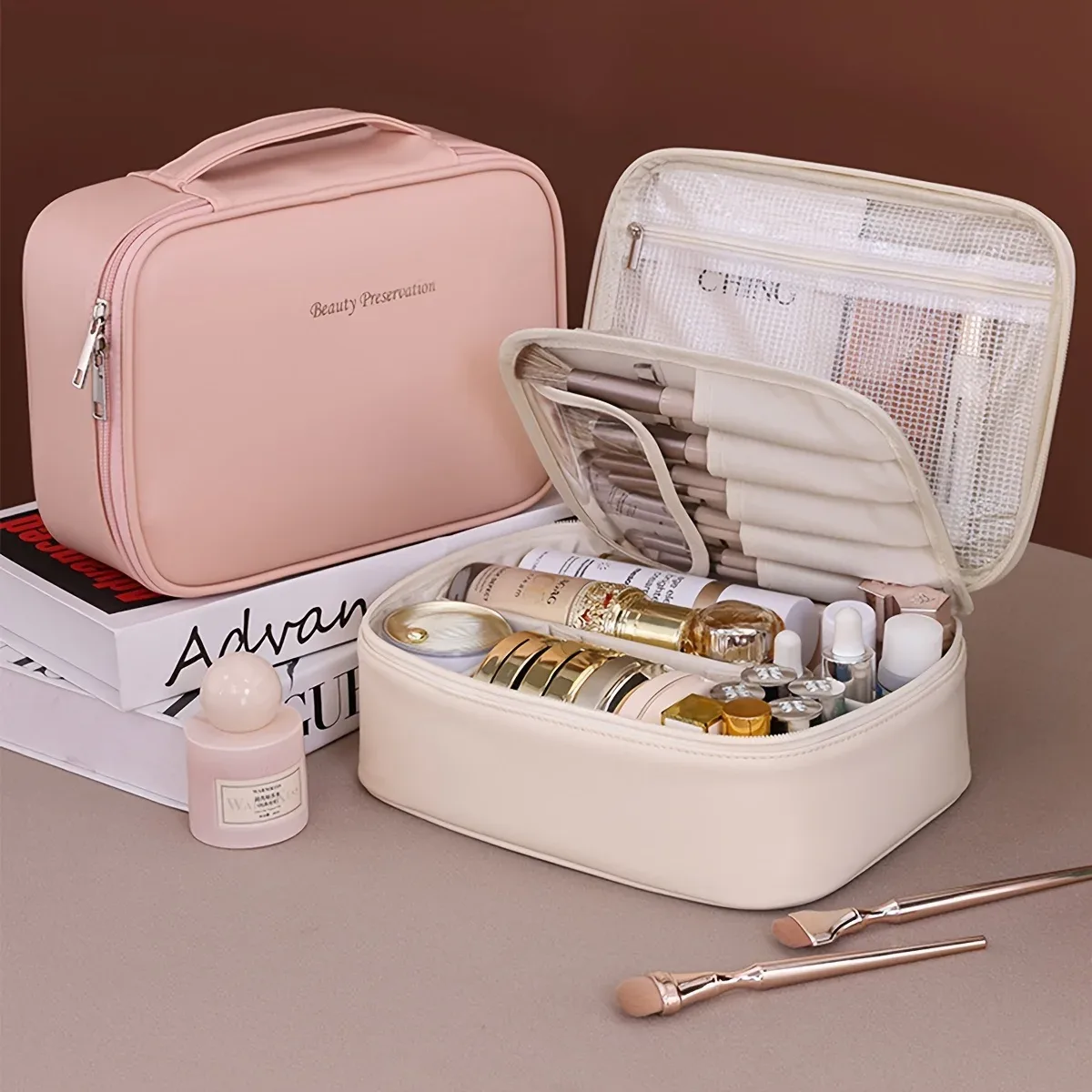 trousse de maquillage double couche en cuir pu, sacs à cosmétiques de grande capacité, organisateur de cosmétiques de luxe, essentiels de voyage pour femmes