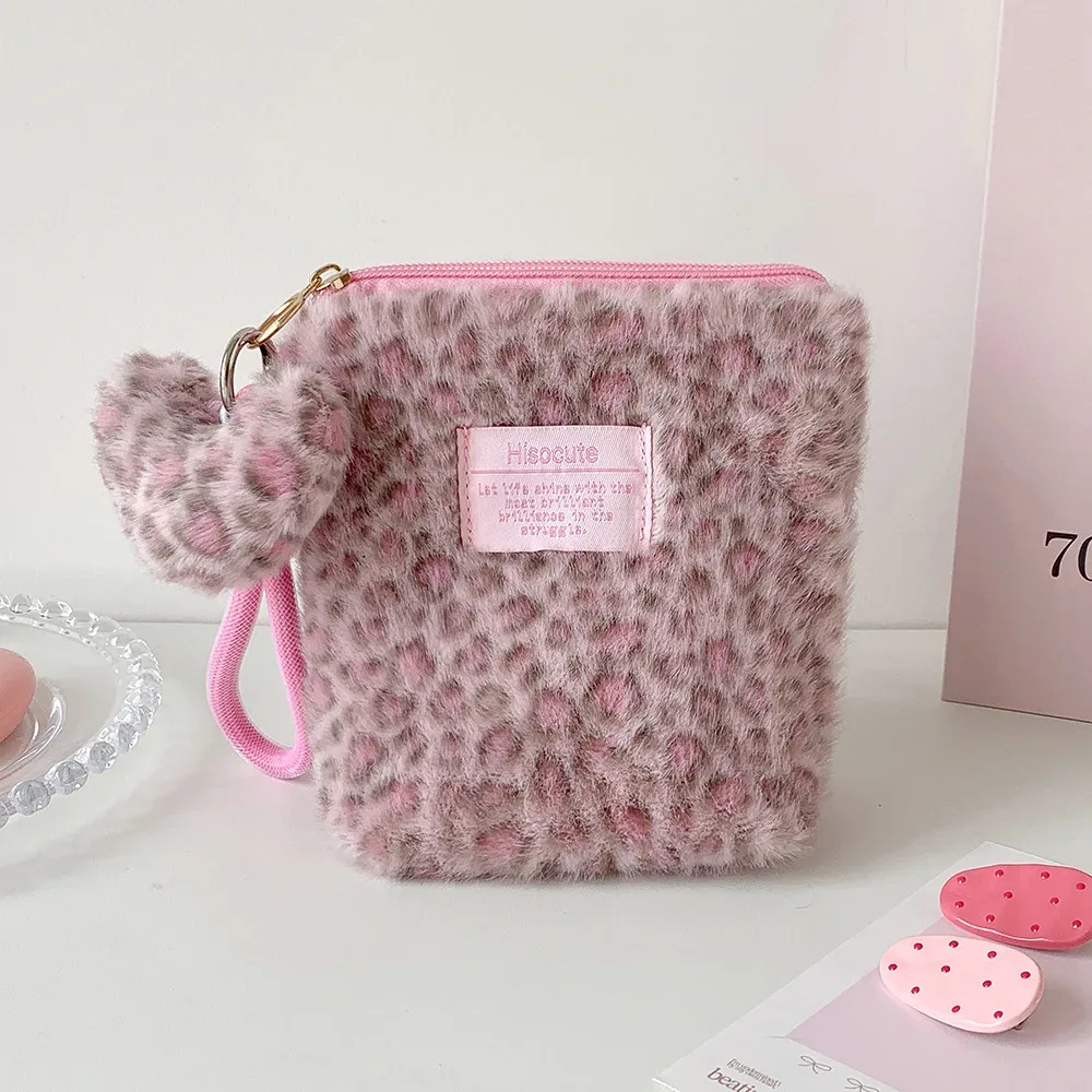 nouvelle trousse de maquillage vintage en peluche imprimé léopard pour filles, organisateur portable de soins de la peau, petite trousse de toilette pour étudiantes, pochette femme