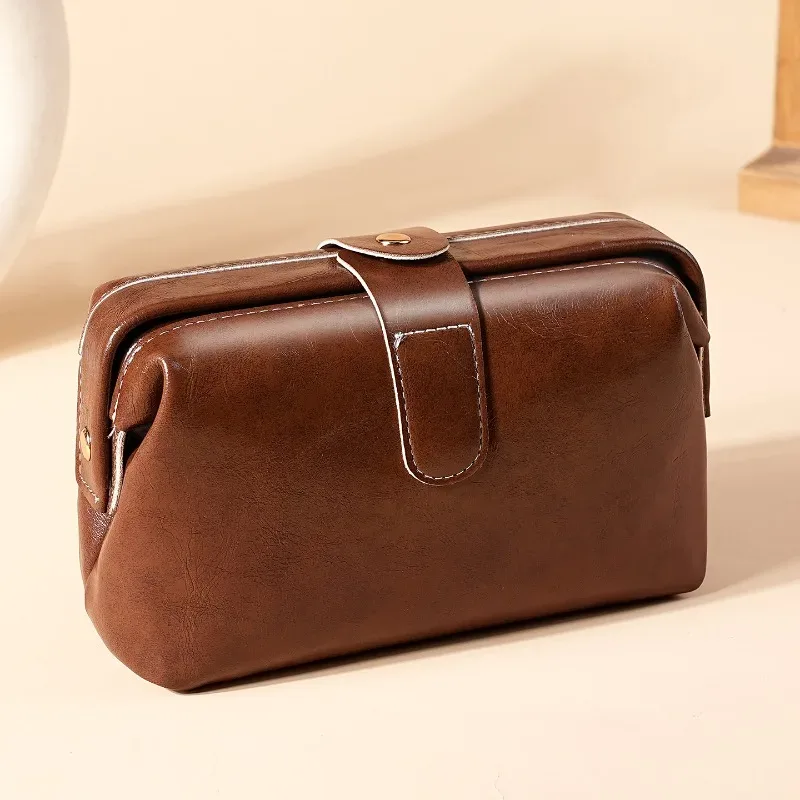 sac à maquillage en cuir véritable, sac cosmétique vintage pour femmes et filles, porte-monnaie à bouton, grande capacité, trousse de maquillage imperméable