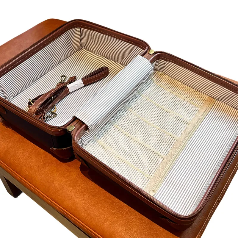 valise polypropylène bleu marron poignées latérales roulettes spinner intérieur beige rayé bagage voyage universel