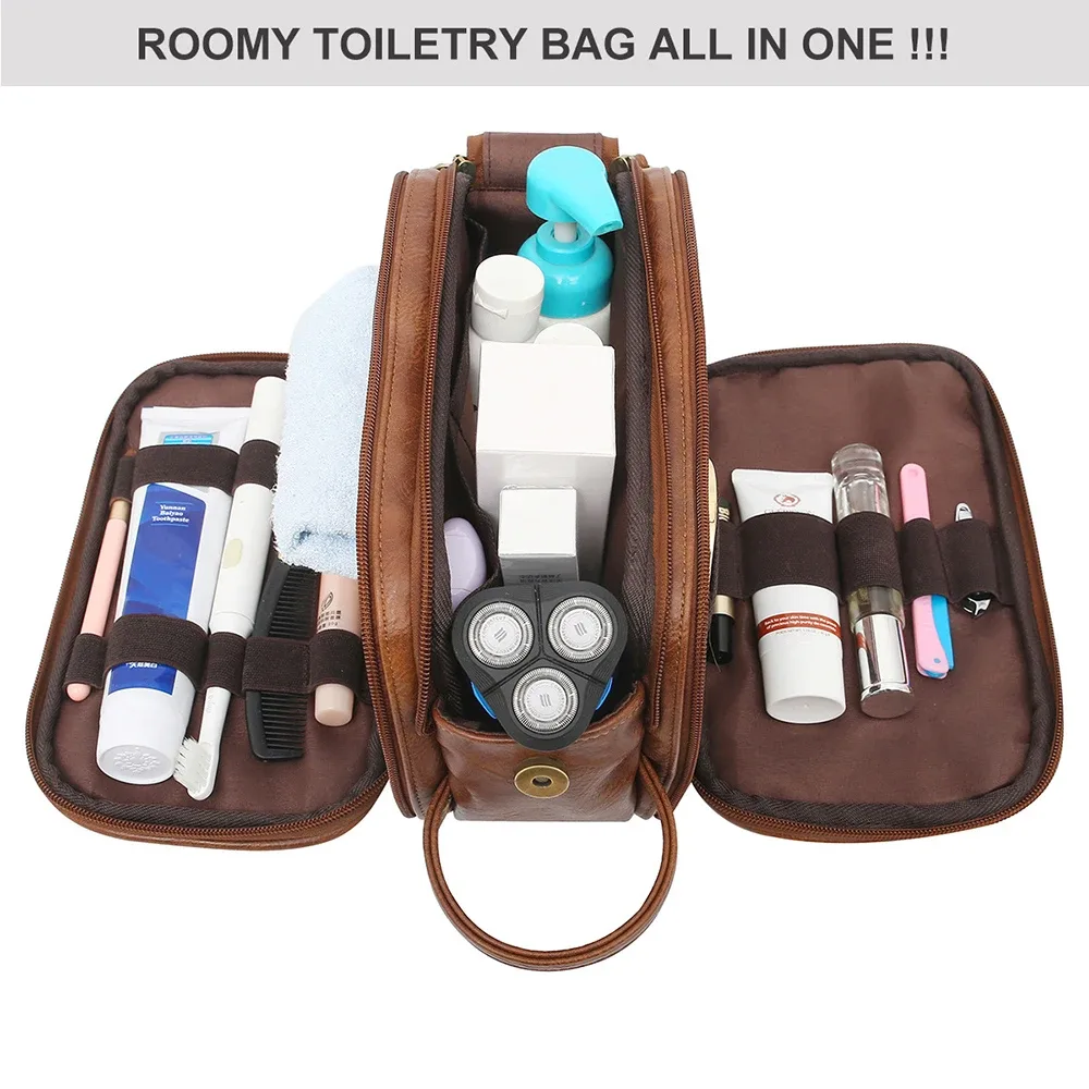 trousse de toilette pour hommes, grand kit dopp de rasage de voyage, organisateur de produits de toilette de salle de bain résistant à l'eau, sacs à cosmétiques en cuir pu