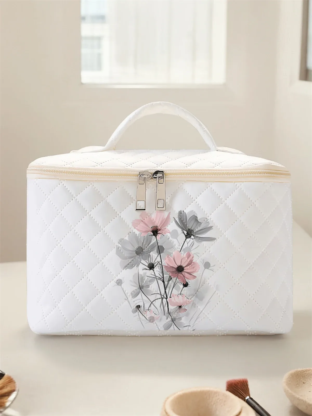 1 pièce, cosmétiques de voyage portables avec motifs floraux, sac de rangement de voyage de grande capacité, trousse de maquillage mignonne et élégante