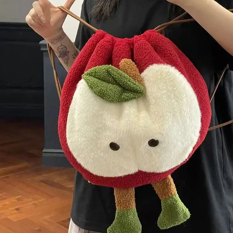 sac dos nylon pomme mignonne rouge blanc peluche grande capacité usage voyage école shopping cadeau enfant