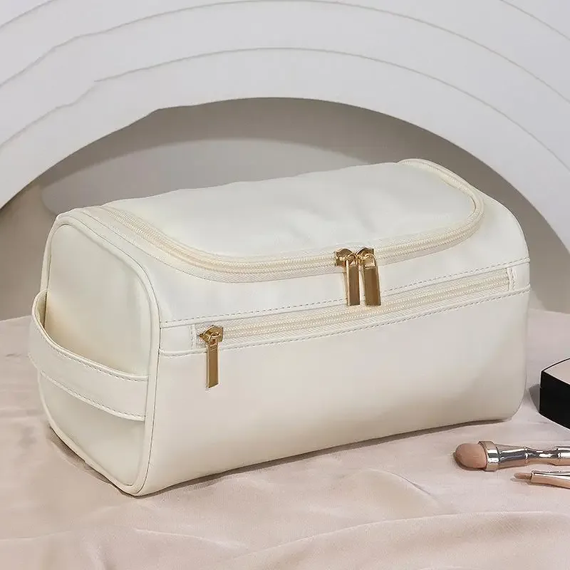 trousse de toilette de voyage en cuir pour hommes et femmes, grande capacité, organisateur de cosmétiques avec crochet de suspension, sac de rangement maquillage étanche