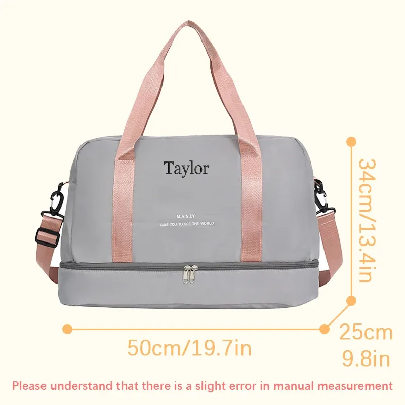 sac voyage polyester gris rose motif brodé poignée bandoulière amovible décontracté grande capacité taille multiple usage voyage