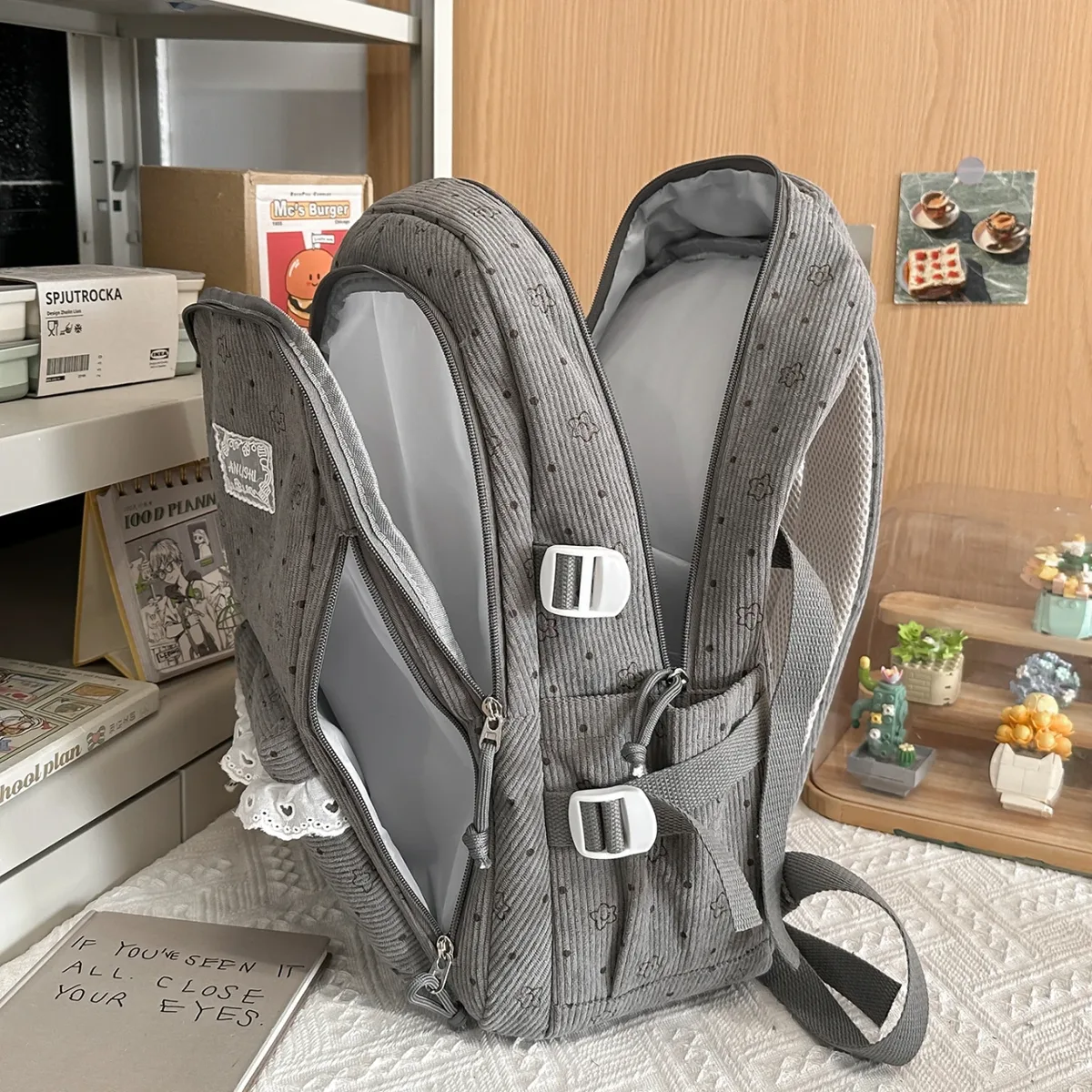 sac à dos décontracté en velours côtelé gris pour femme, motif étoile, breloque ours en peluche, multi-poches, sangle réglable, pour usage quotidien et scolaire 2026