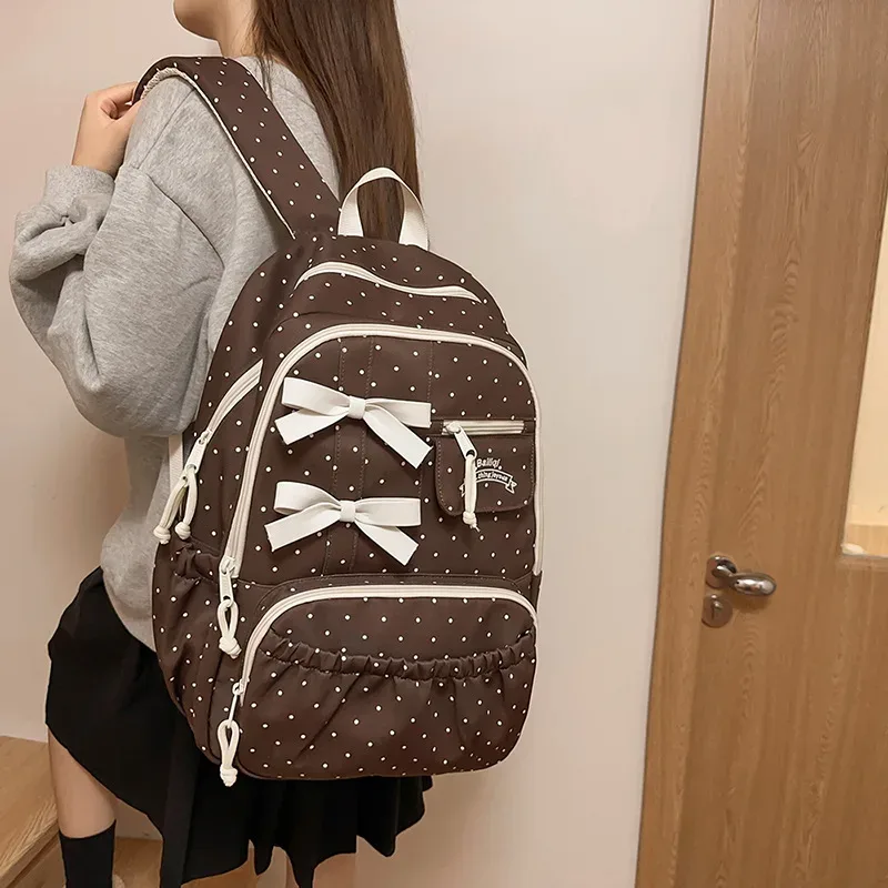 nouveau sac à dos pour filles à pois avec nœud, grande capacité, en nylon, pour étudiantes, multi-compartiments, antivol, pour ordinateur portable et voyage