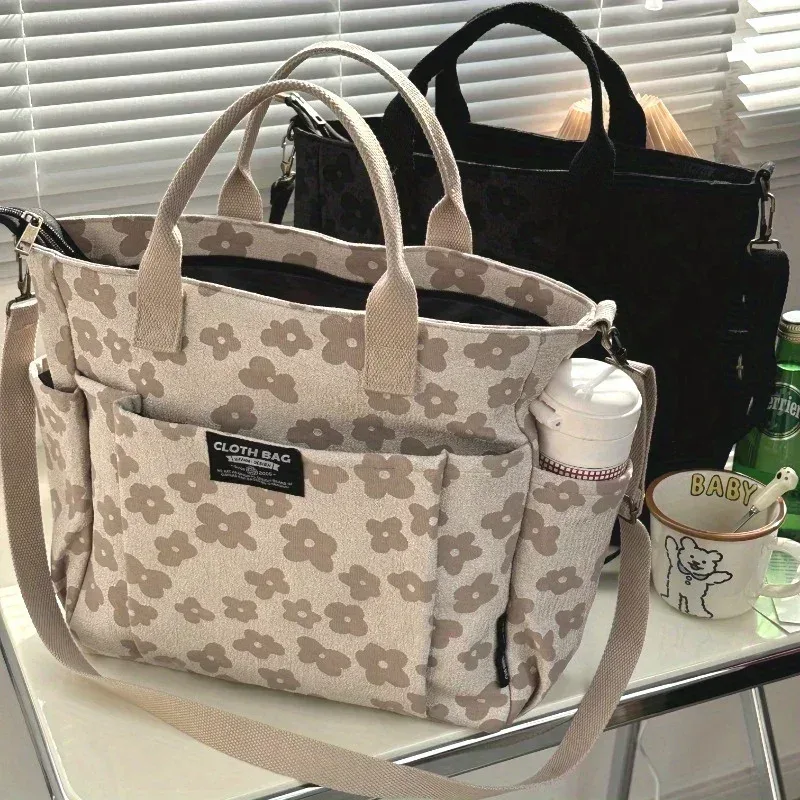 Sac fourre-tout au design floral 3D, fermeture éclair épaisse, sac en toile multifonctionnel, sac à main d'ordinateur pour étudiant, sac d'école à bandoulière
